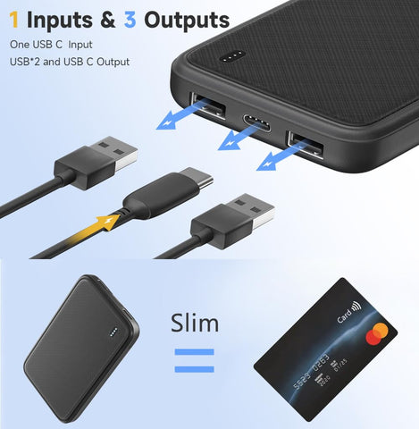 Mini Portable Charger Slim Power Bank 5000mAh Fast Charger Powerbank with 2-USB & 1-USB C Output