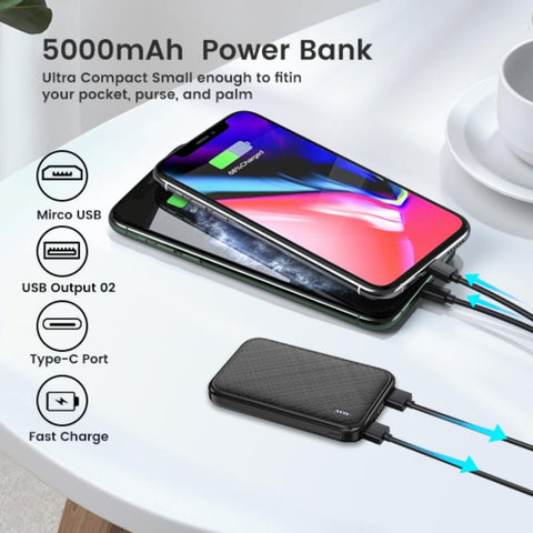 Mini Portable Charger Slim Power Bank 5000mAh Fast Charger Powerbank with 2-USB & 1-USB C Output